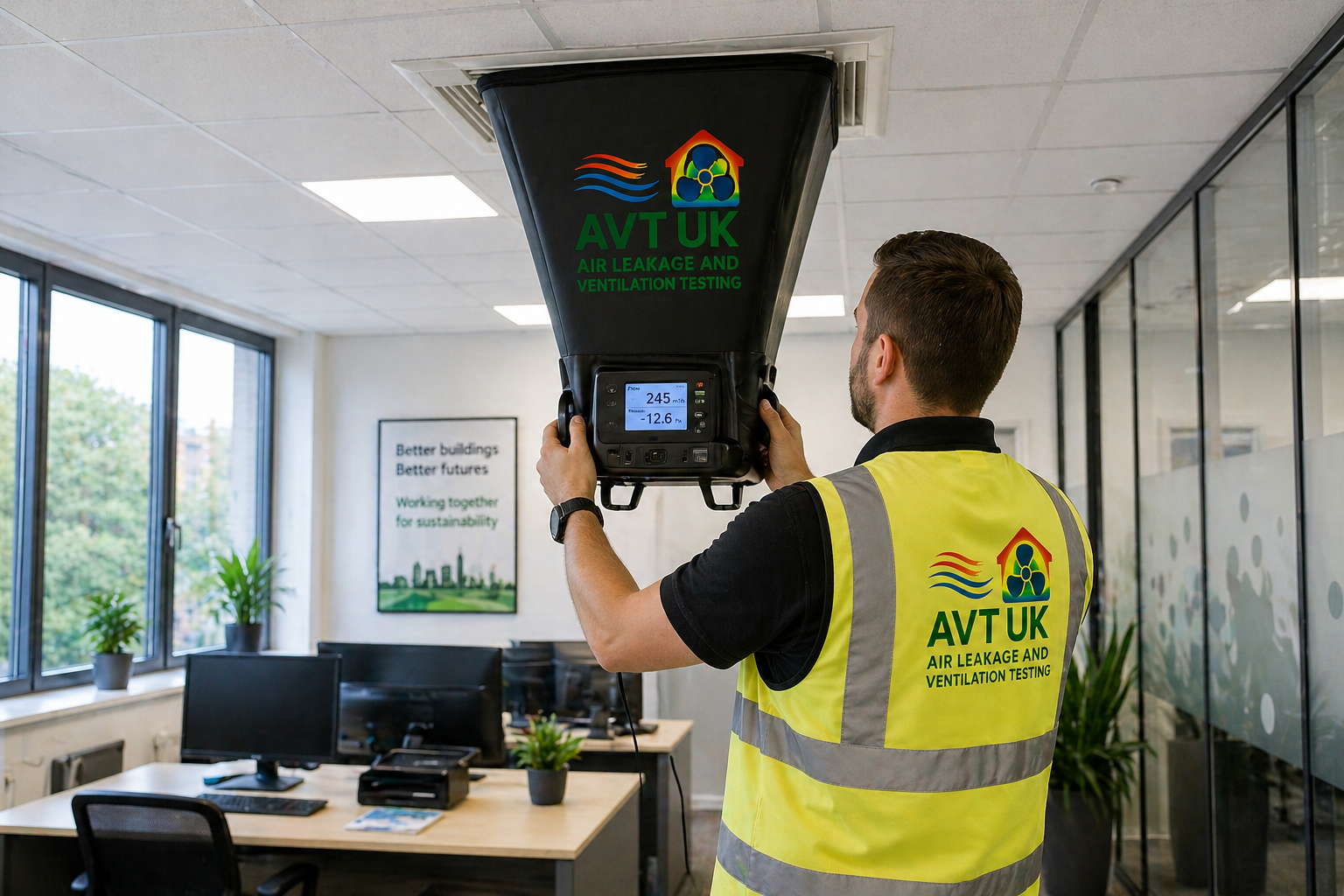 Office technician performing airflow testing
